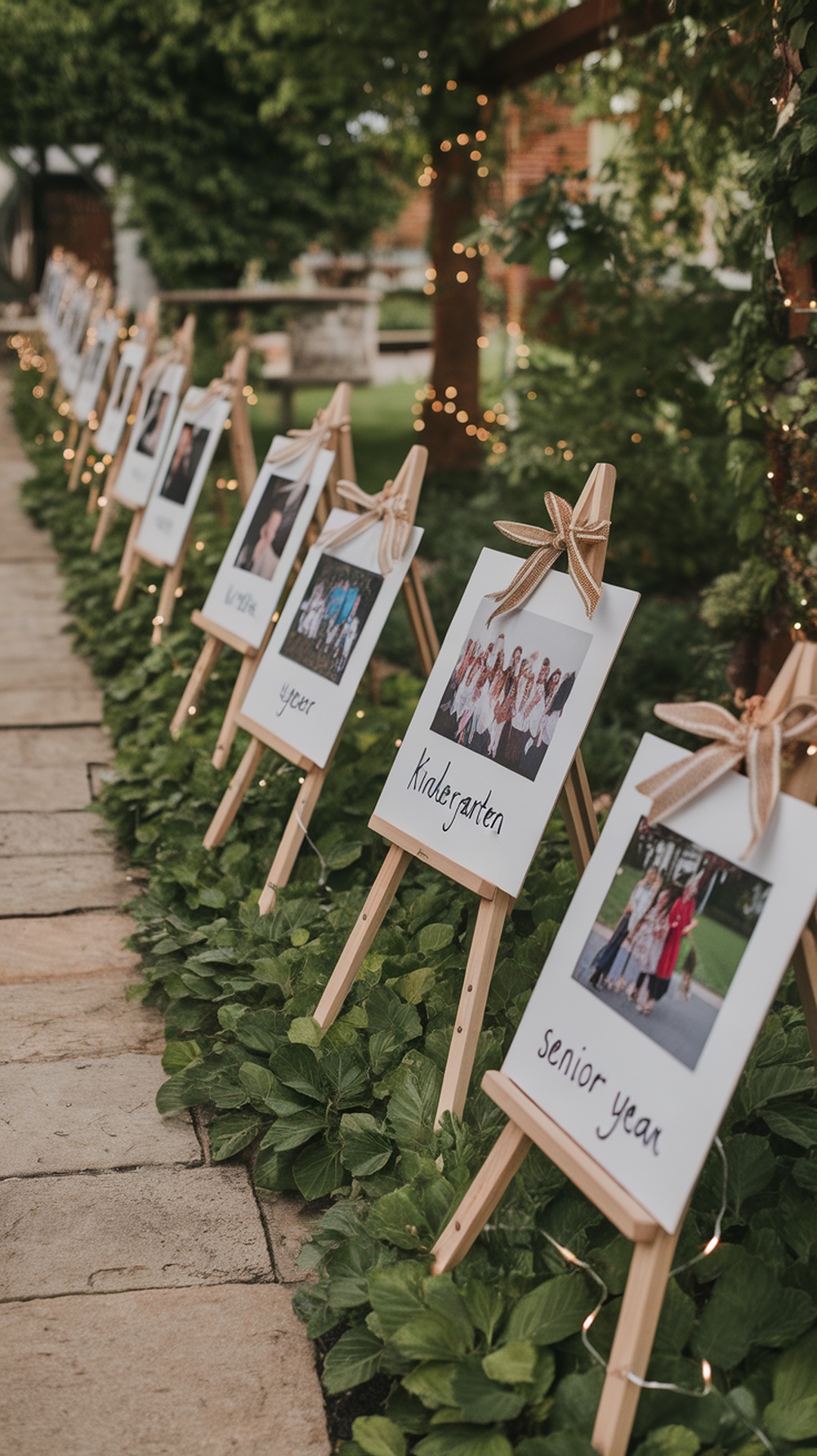 A pathway lined with photos from different school years, showcasing a graduation memory lane.