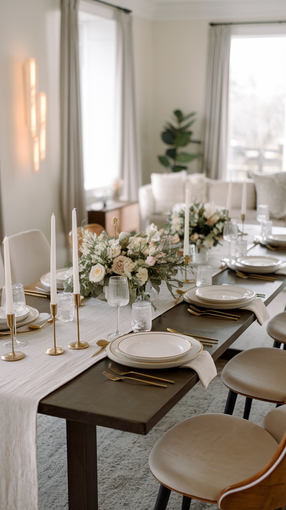 A beautifully arranged dining table in a living room, featuring flowers, candles, and elegant tableware.