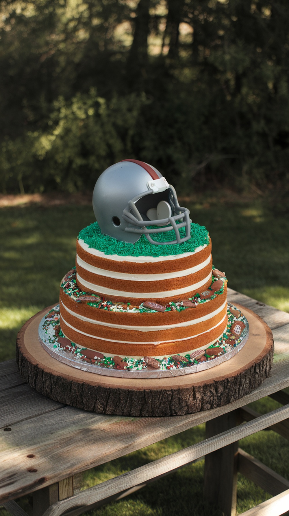 A three-tiered football-themed cake with a helmet topper, decorated with green icing and edible footballs.