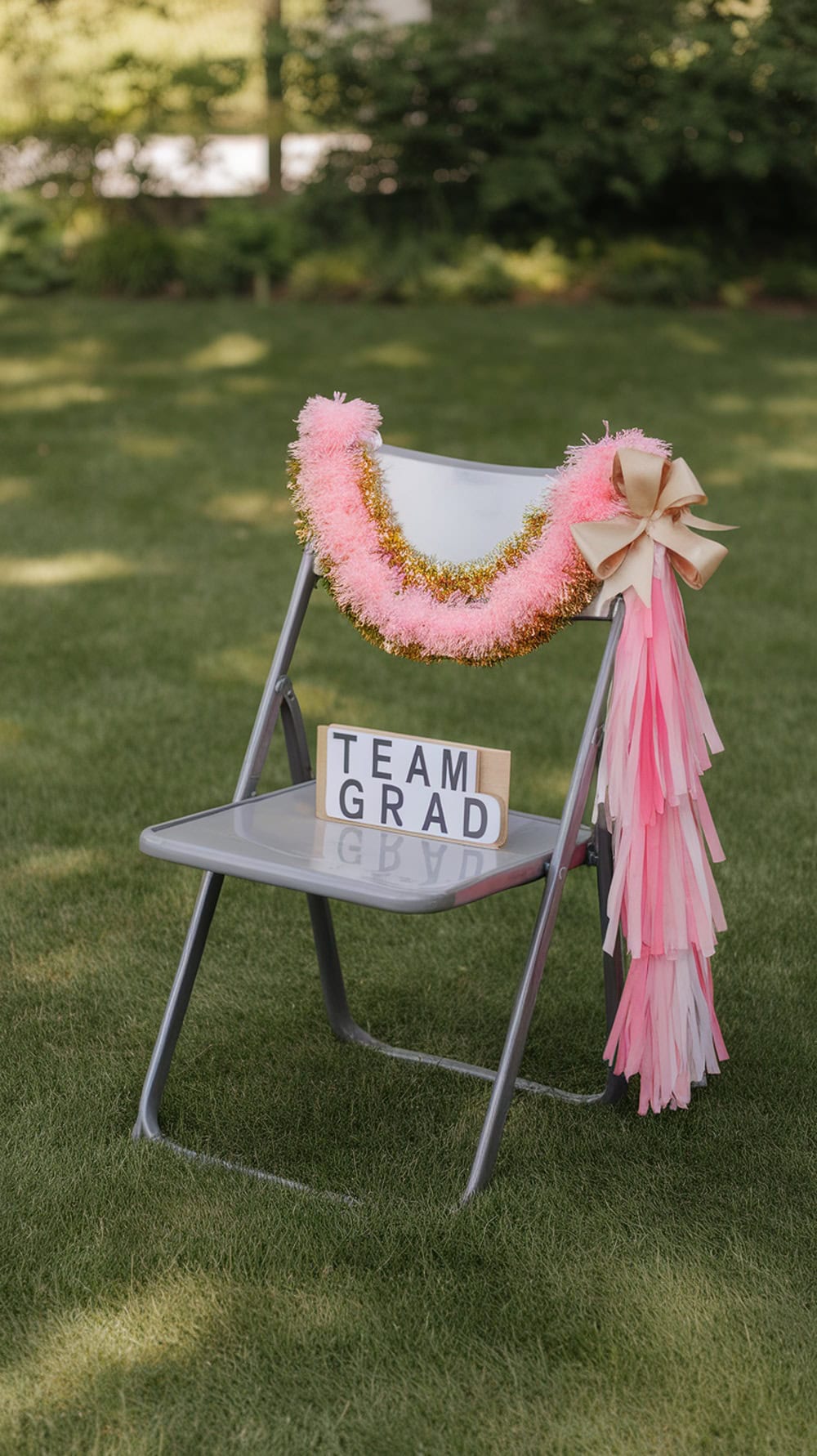 A graduation chair decorated with a pink and gold pom pom garland and a sign that says TEAM GRAD.
