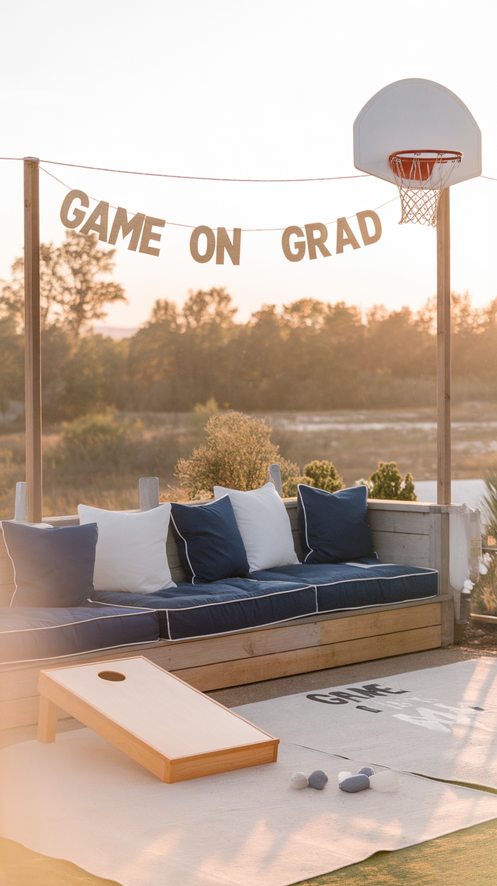 A cozy backyard lounge with blue cushions, a basketball hoop, and a cornhole game, decorated with a 'GAME ON GRAD' banner.