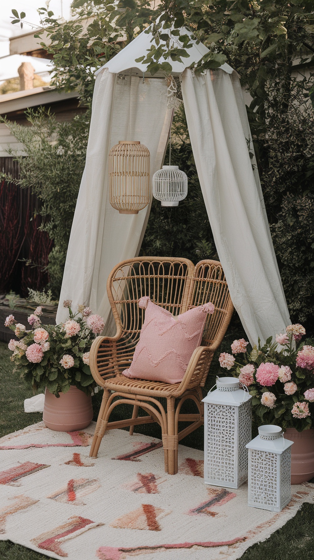 Cozy outdoor lounge corner with a rattan chair, pink pillow, flower arrangements, and lanterns.