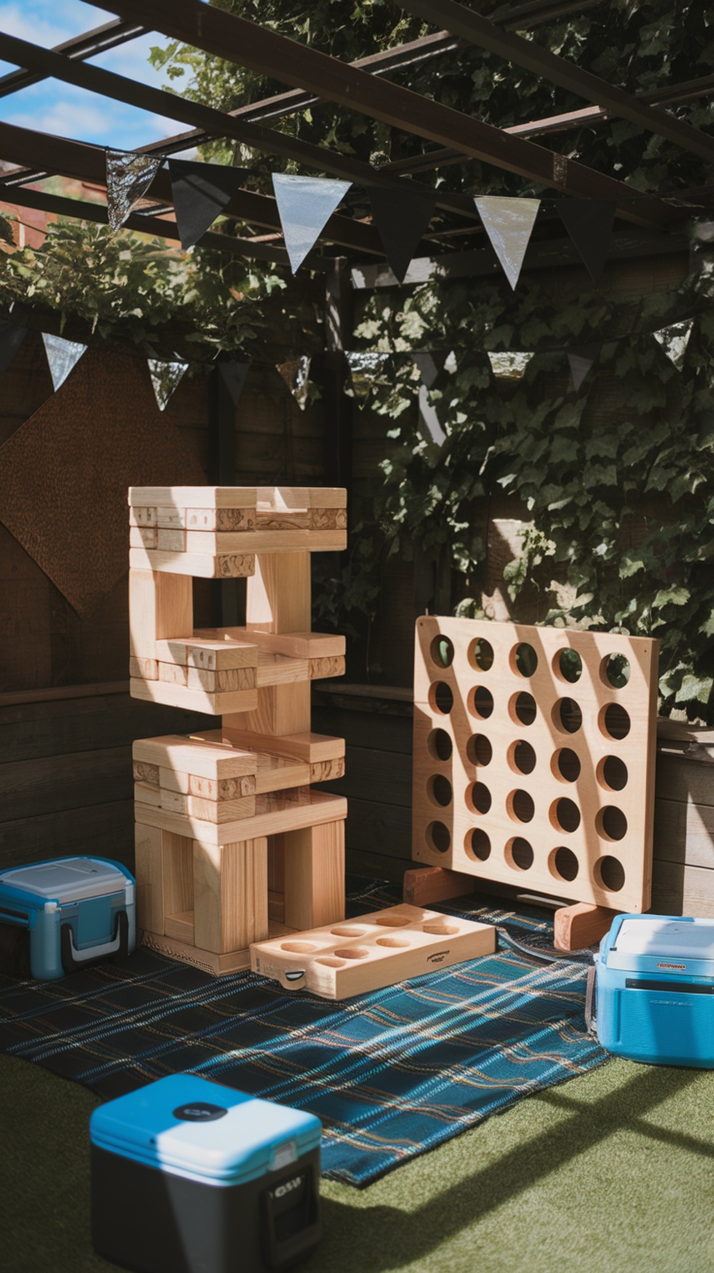 Outdoor setup featuring a tall Jenga tower and a Giant Connect Four game in a backyard.