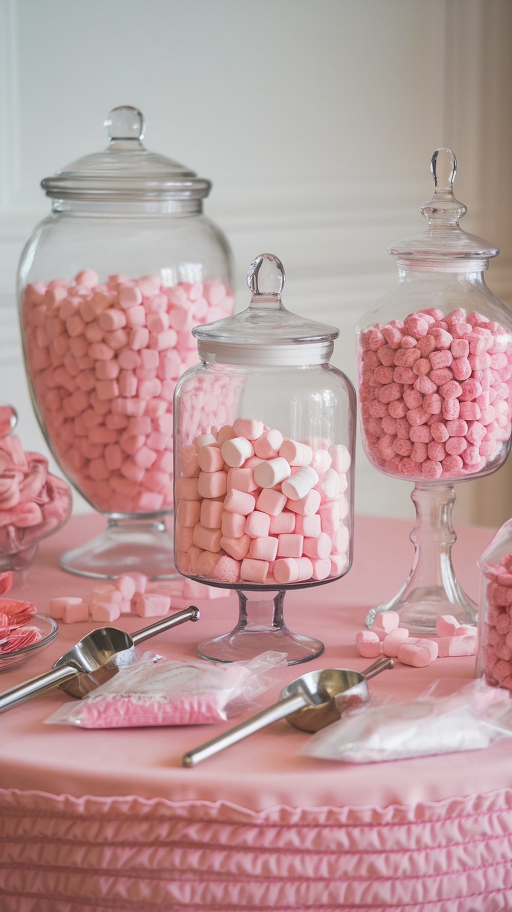 A pink candy buffet with various jars filled with pink candies on a pink tablecloth.