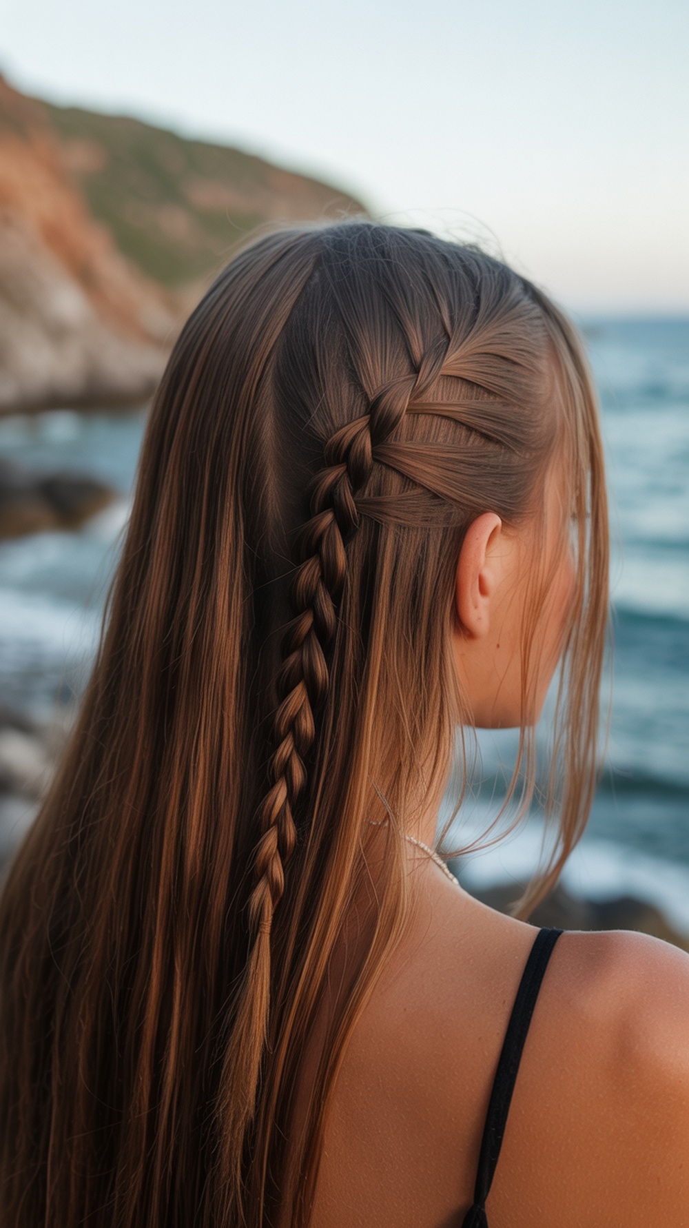 A woman with straight hair styled in a low braid accent, perfect for a beach wedding.