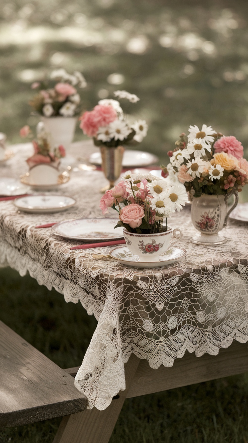 Vintage teacup floral centerpieces on a picnic table with flowers and lace.