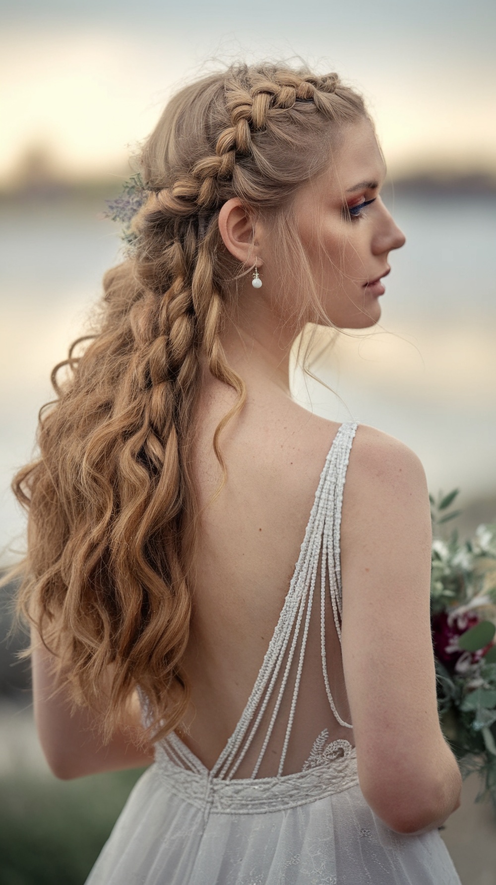 A woman with curly hair styled in a half up braided flower detail, perfect for a beach wedding.