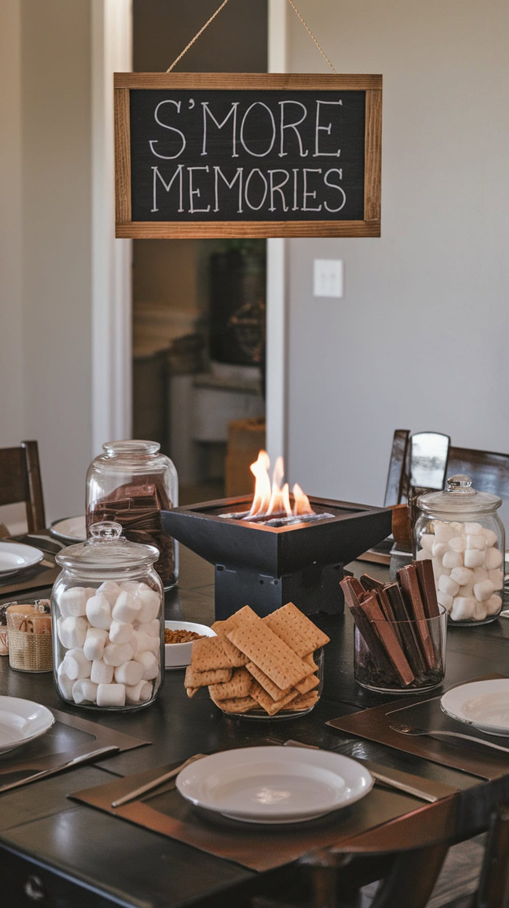 A cozy S'mores bar setup with a fire pit, jars of marshmallows, graham crackers, and chocolate bars, along with a sign that says 'S'more Memories'.