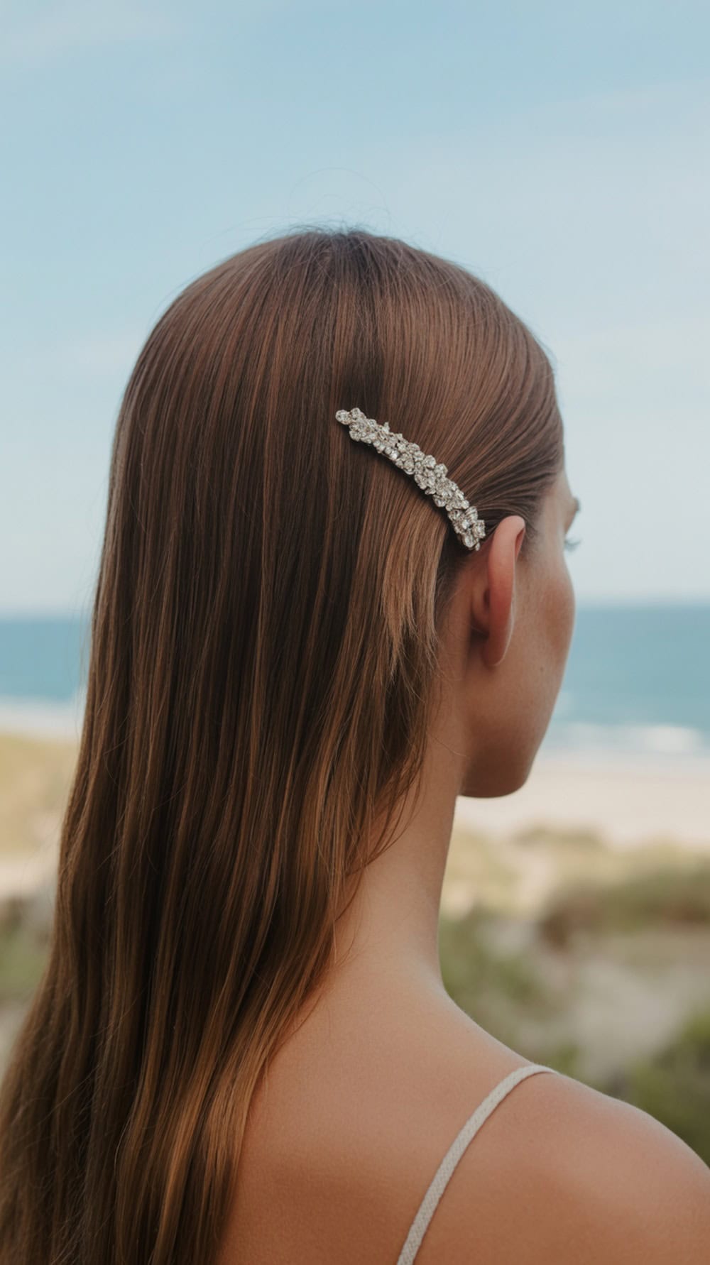 A woman with straight hair styled with a crystal barrette, standing on a beach.