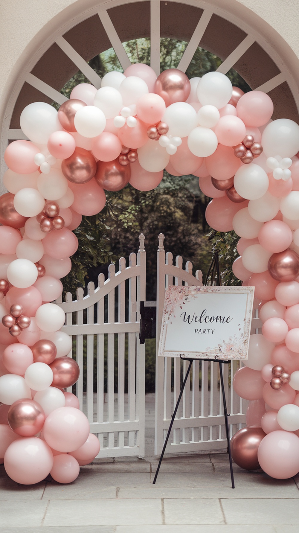 A beautiful blush pink balloon arch at a graduation party entrance, featuring a mix of balloons and a welcome sign.