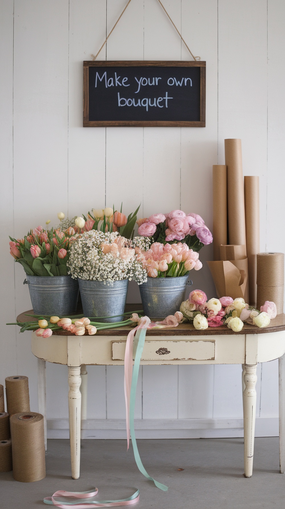 A Bloom Bar setup with flowers in buckets, a chalkboard sign, and wrapping materials.