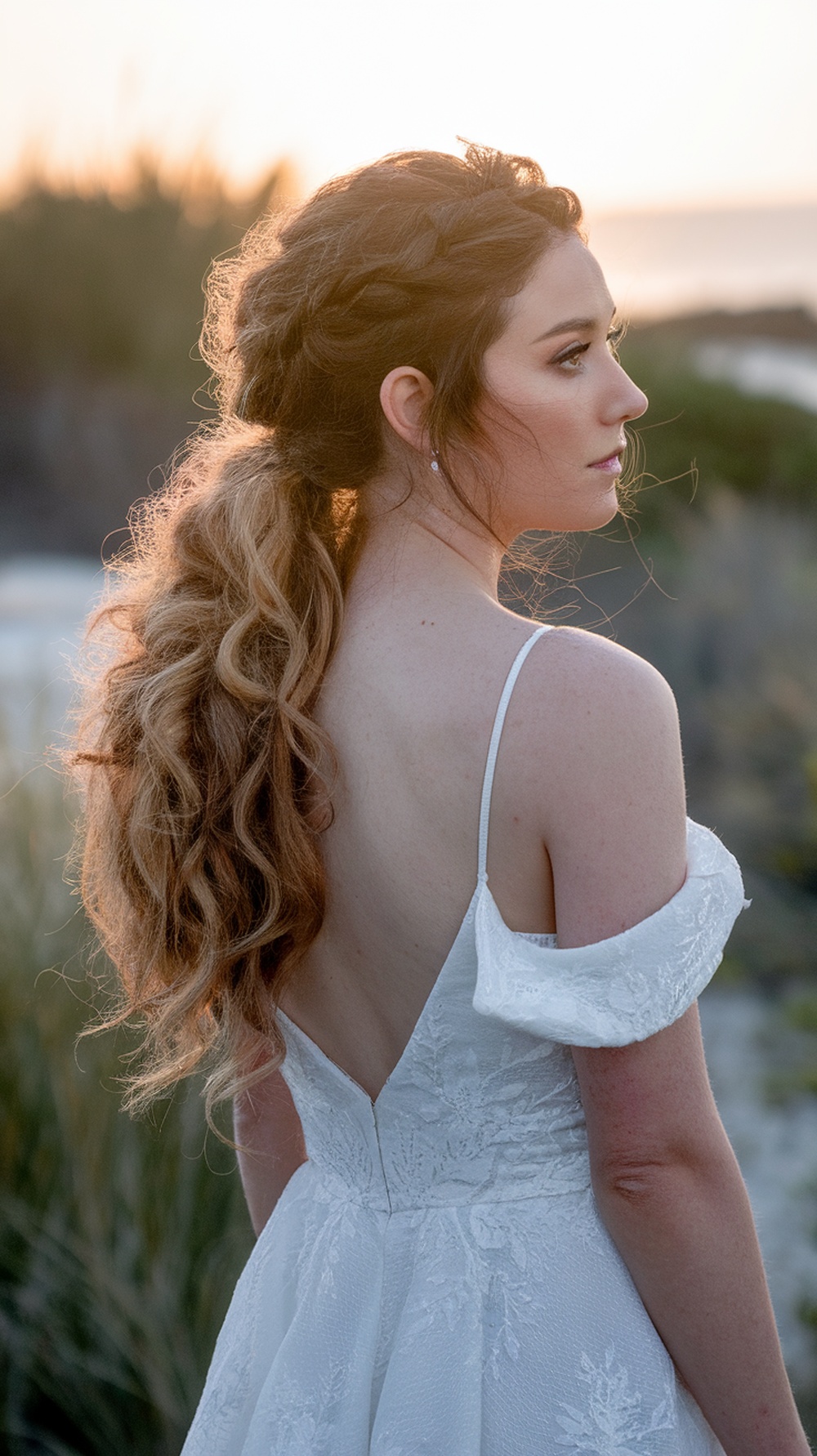 A bride with curly hair styled in a textured half up ponytail, showcasing soft waves and a romantic look.
