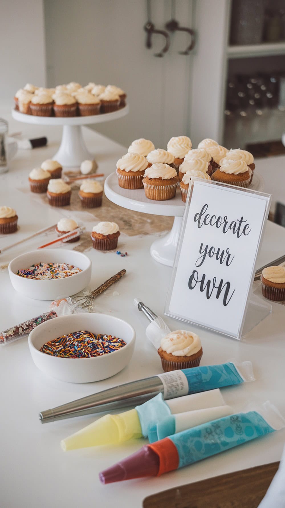 A DIY cupcake decorating station with cupcakes, icing, and sprinkles.