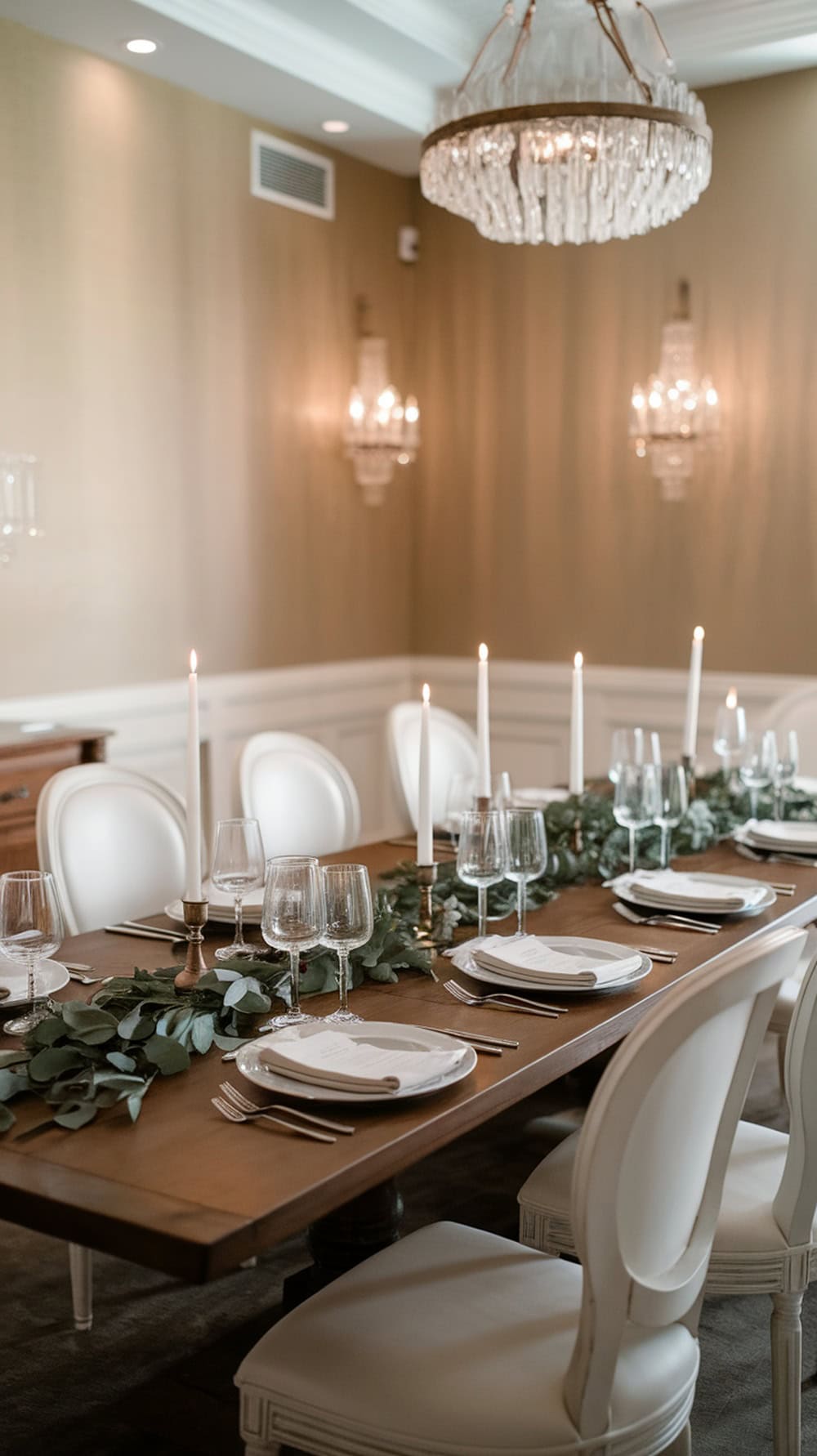 A cozy candlelit dinner setup with elegant tableware, candles, and flowers.