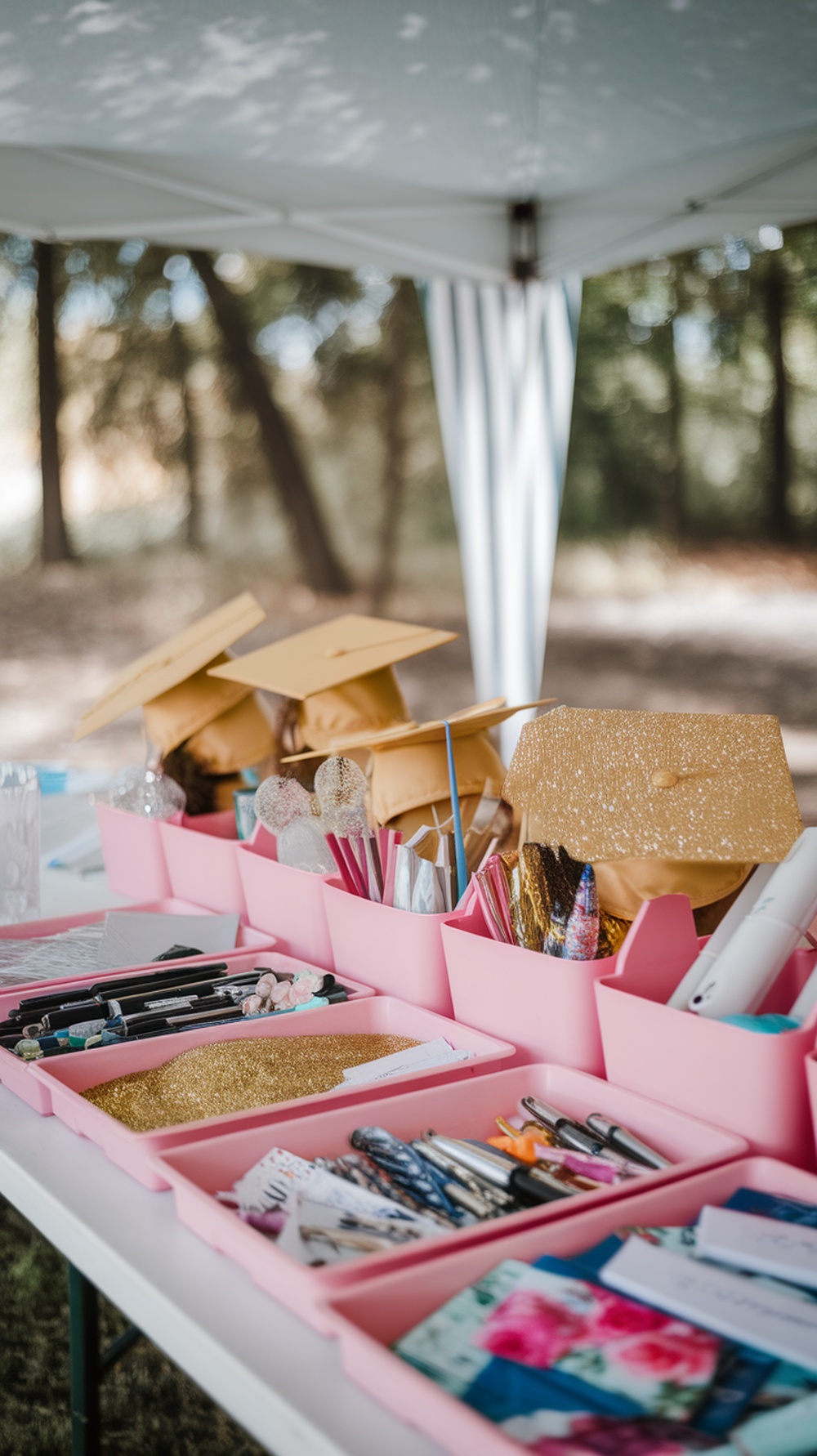 A graduation cap decorating station with pink trays filled with craft supplies and golden caps.
