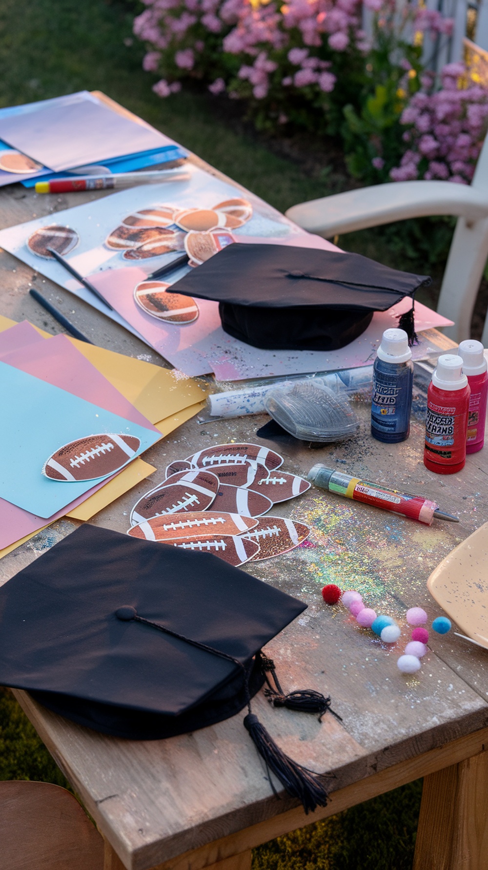 Craft table with graduation caps, colorful papers, and decorating supplies for a football-themed graduation party.