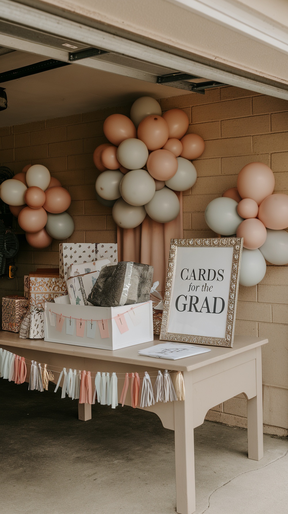 A decorated table in a garage with gifts, a card drop box, and balloons for a graduation party.