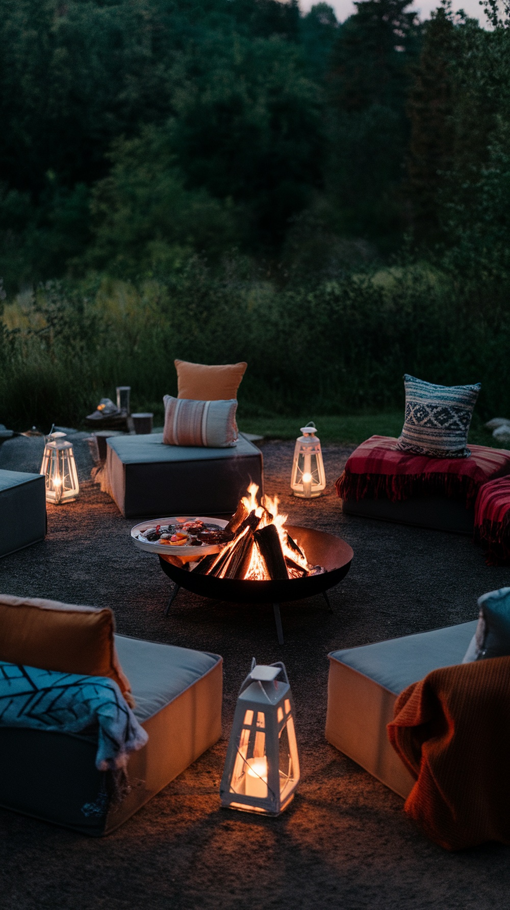 Cozy lounge-style seating around a fire pit with cushions and lanterns in an outdoor setting.
