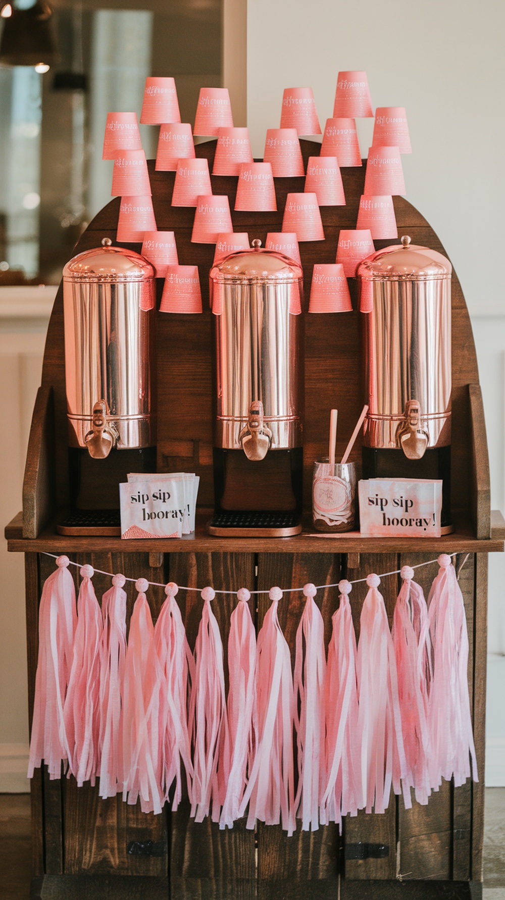 A pink tassel garland drink station with copper drink dispensers and pink cups, decorated with a 'sip sip hooray!' sign.