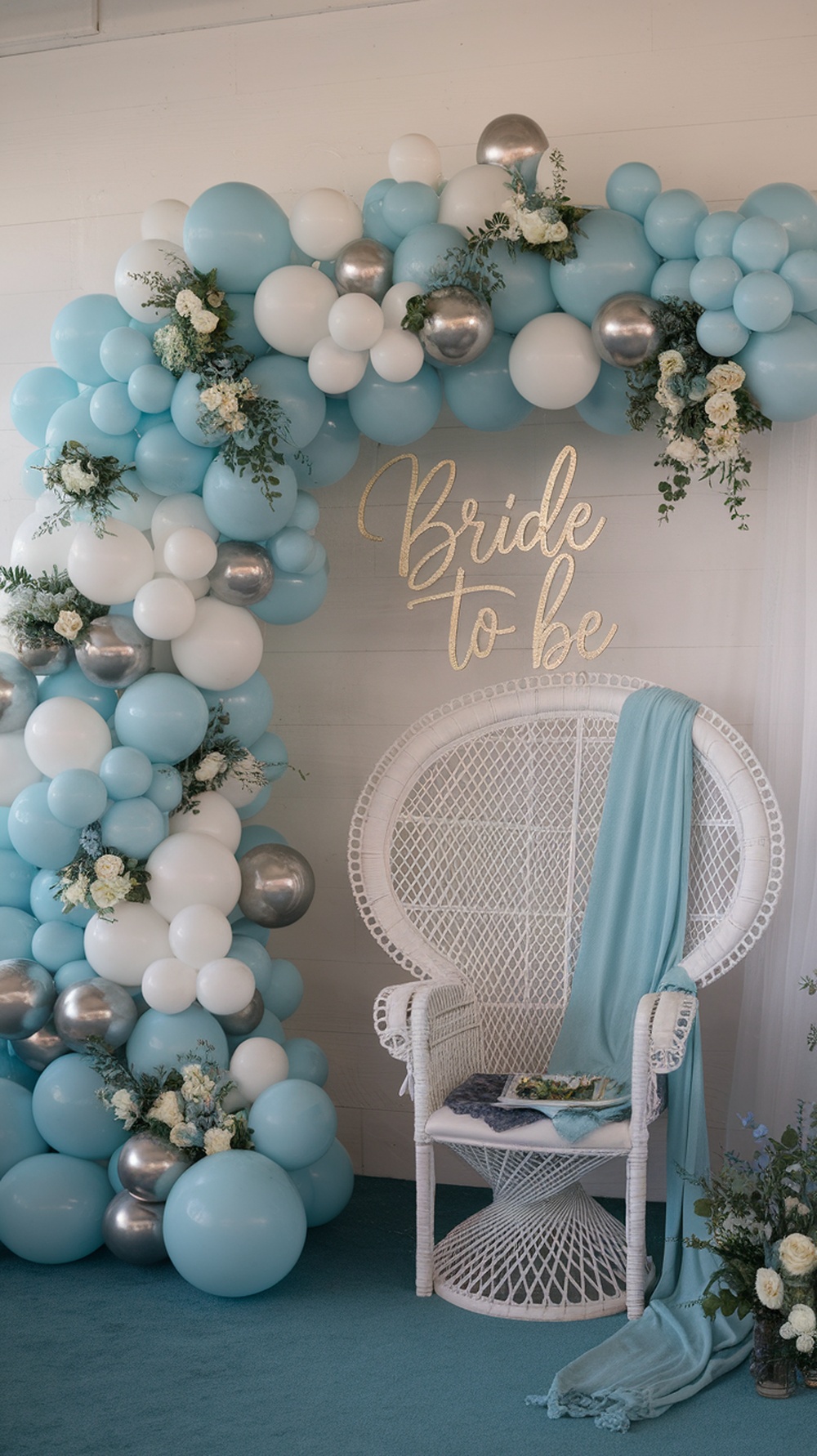 Dusty blue balloon arch with flowers and a 'Bride to be' sign