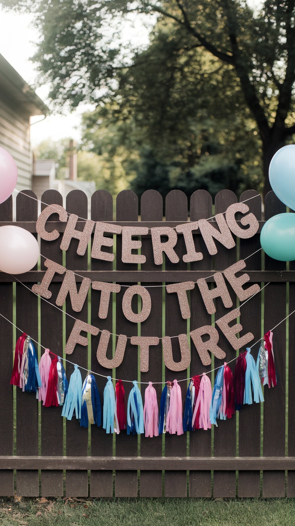 A cheer-themed graduation banner saying 'CHEERING INTO THE FUTURE' with colorful streamers and balloons.