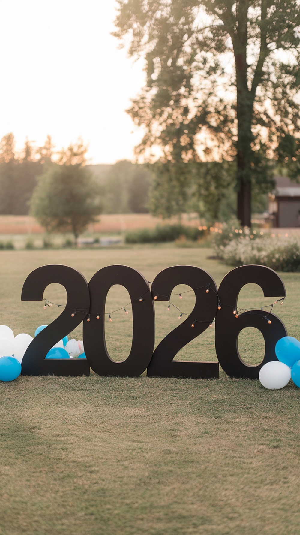 Wooden yard letters spelling '2026' surrounded by blue and white balloons in a backyard setting
