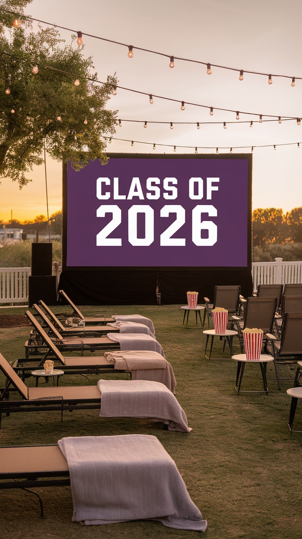 Backyard movie night setup for graduation with a screen showing 'CLASS OF 2026' and lounge chairs.