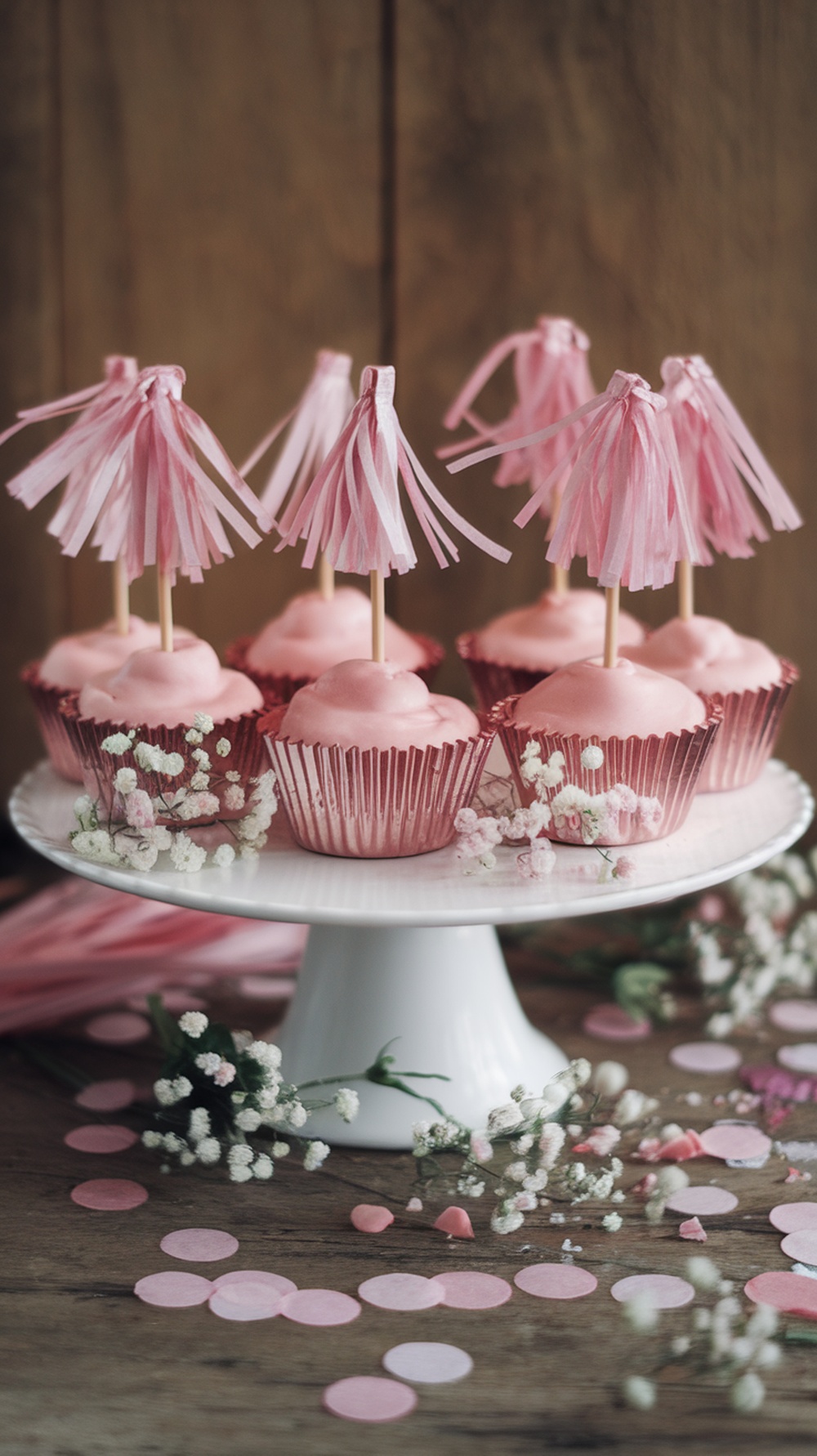 Cupcakes with pink tassel sticks on a white cake stand, surrounded by flowers and pink confetti.