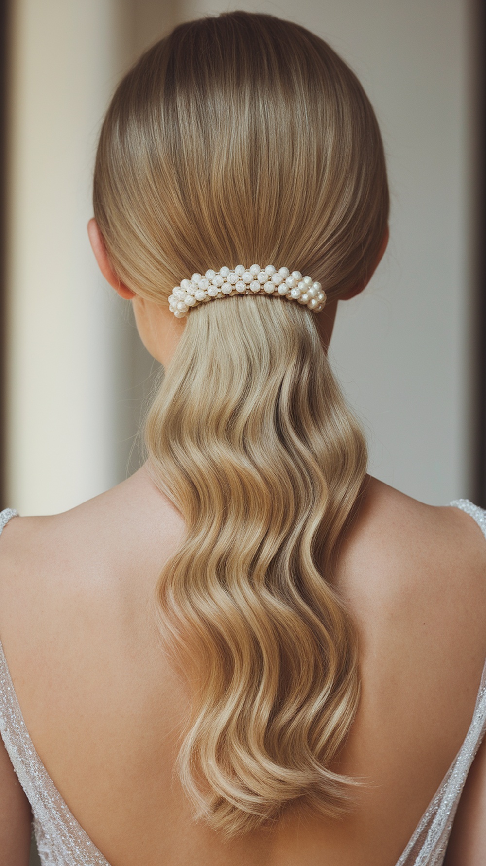 A low side ponytail hairstyle with soft waves and a pearl elastic.