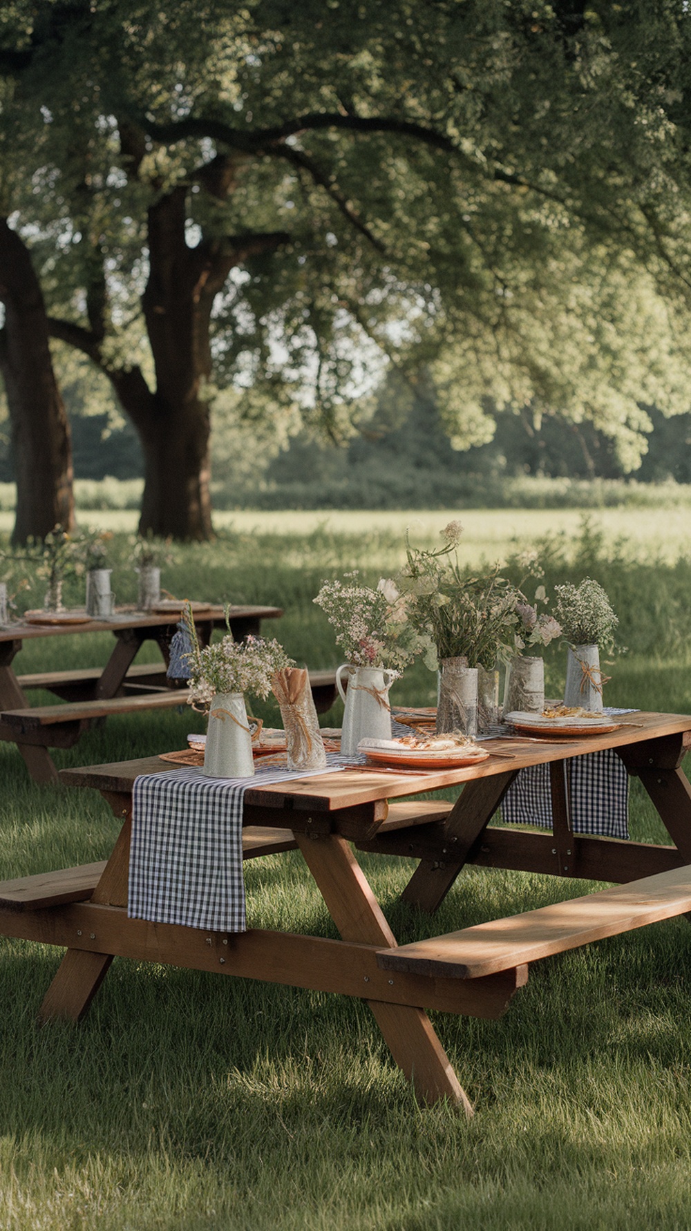 A picnic tablescape set up for a graduation party, featuring rustic tables, checkered tablecloths, and vases of wildflowers.