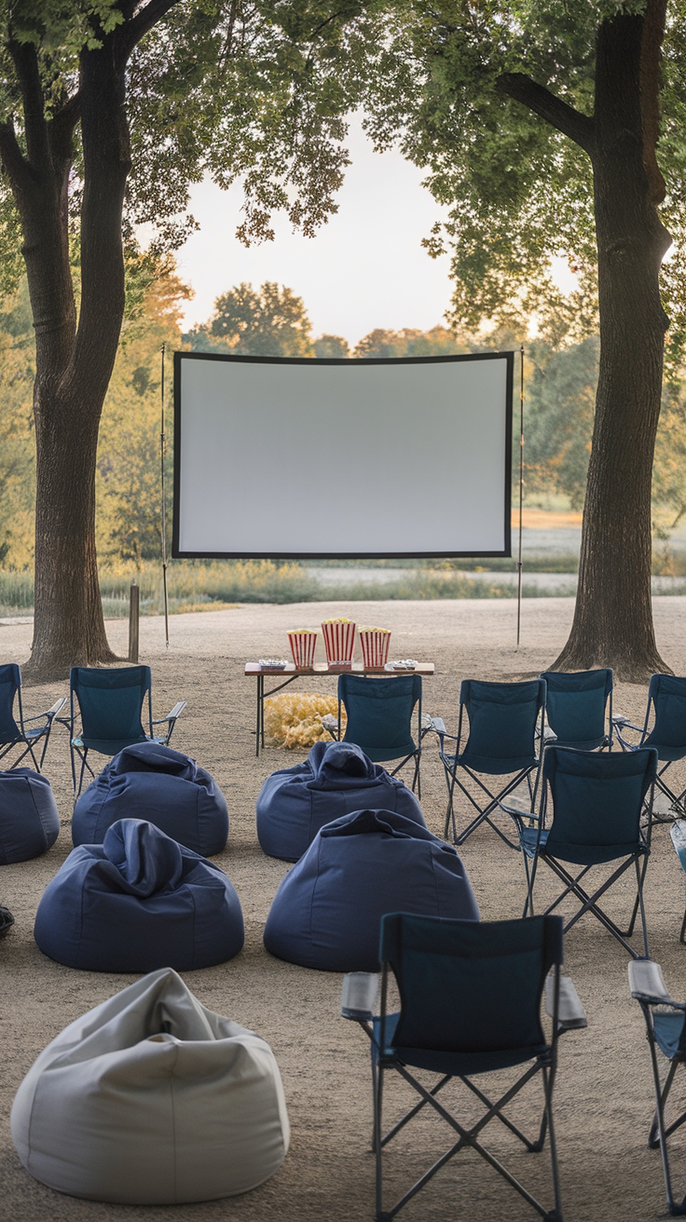Backyard movie night setup with a screen, bean bags, and popcorn.