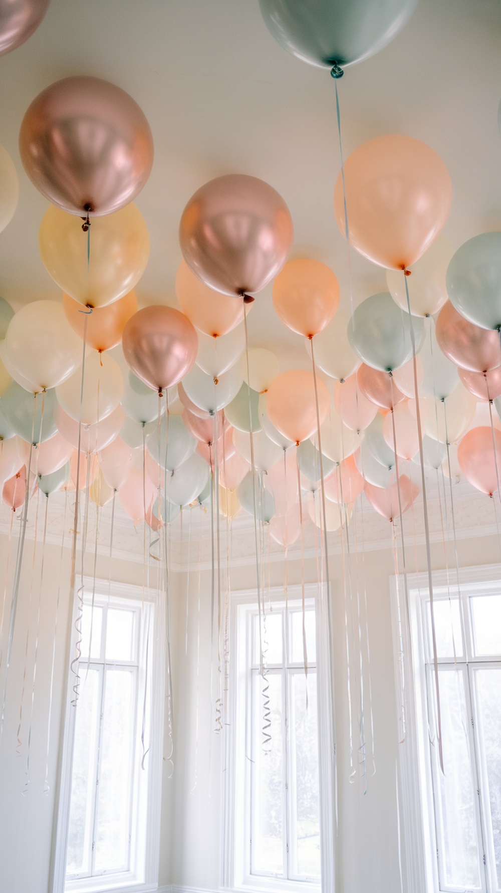 Colorful balloons hanging from the ceiling, creating a festive atmosphere.