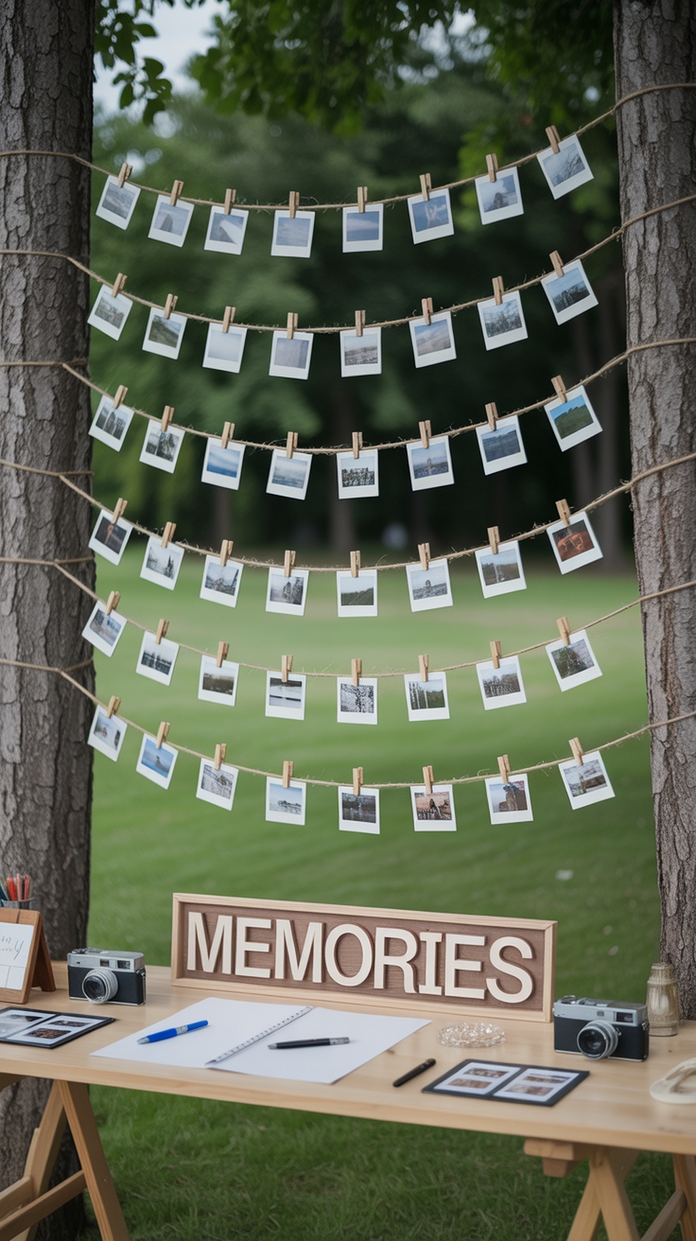 A backyard setup featuring a clothesline with Polaroid photos, a table with cameras, and a sign for memories.