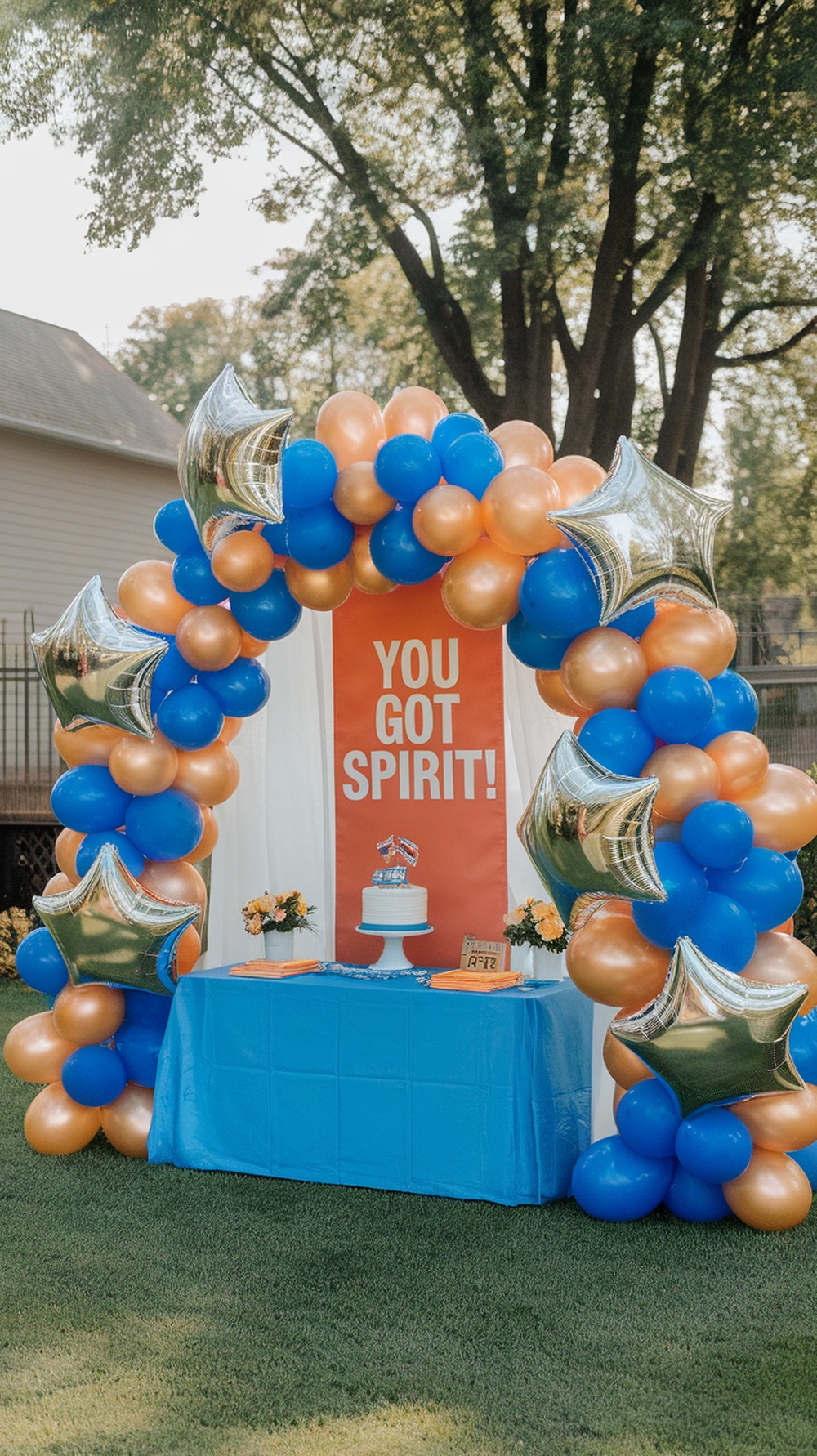 A colorful balloon arch in blue and orange with silver stars, featuring a sign that says 'YOU GOT SPIRIT!'
