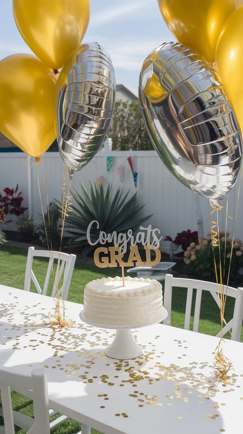 A graduation party table decorated with gold confetti, a cake, and balloons.