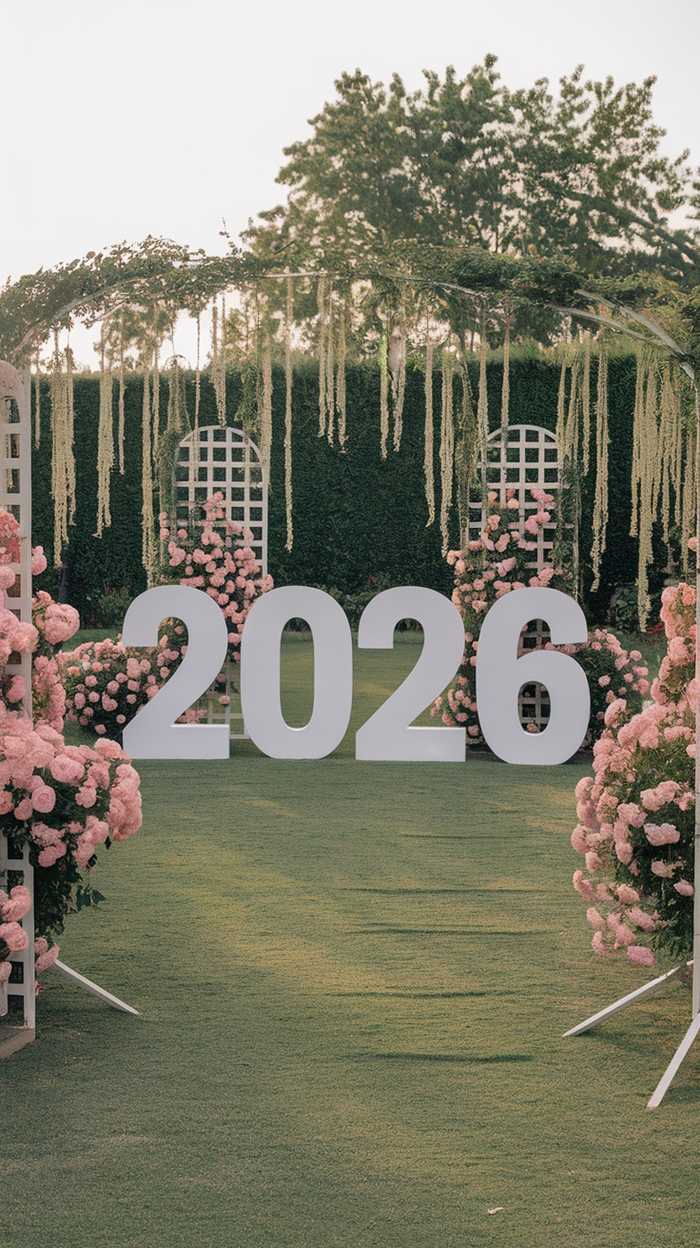 A yard setup featuring large white letters '2026' surrounded by pink flowers and greenery.