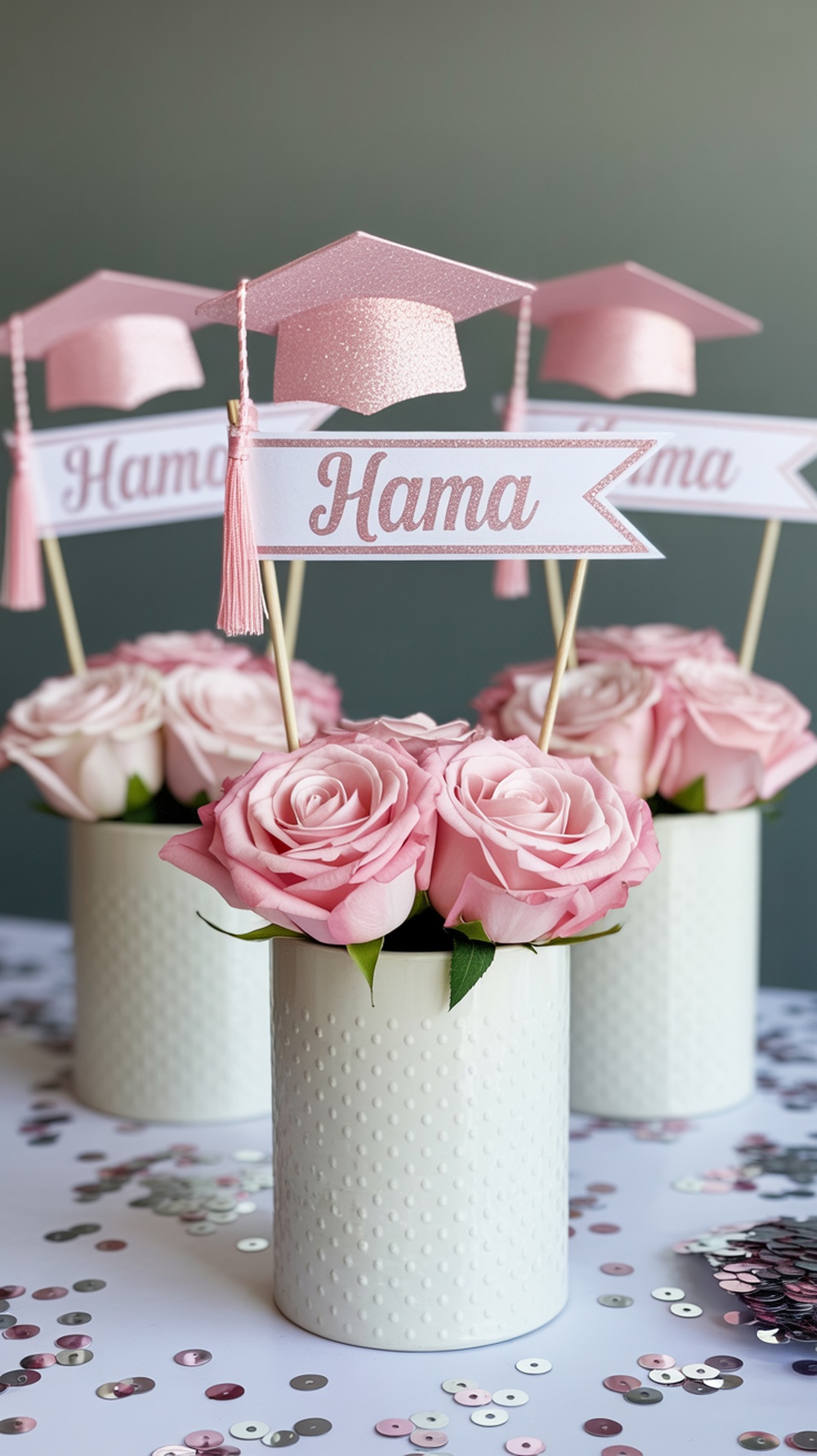 Pink graduation cap centerpieces with roses in white vases
