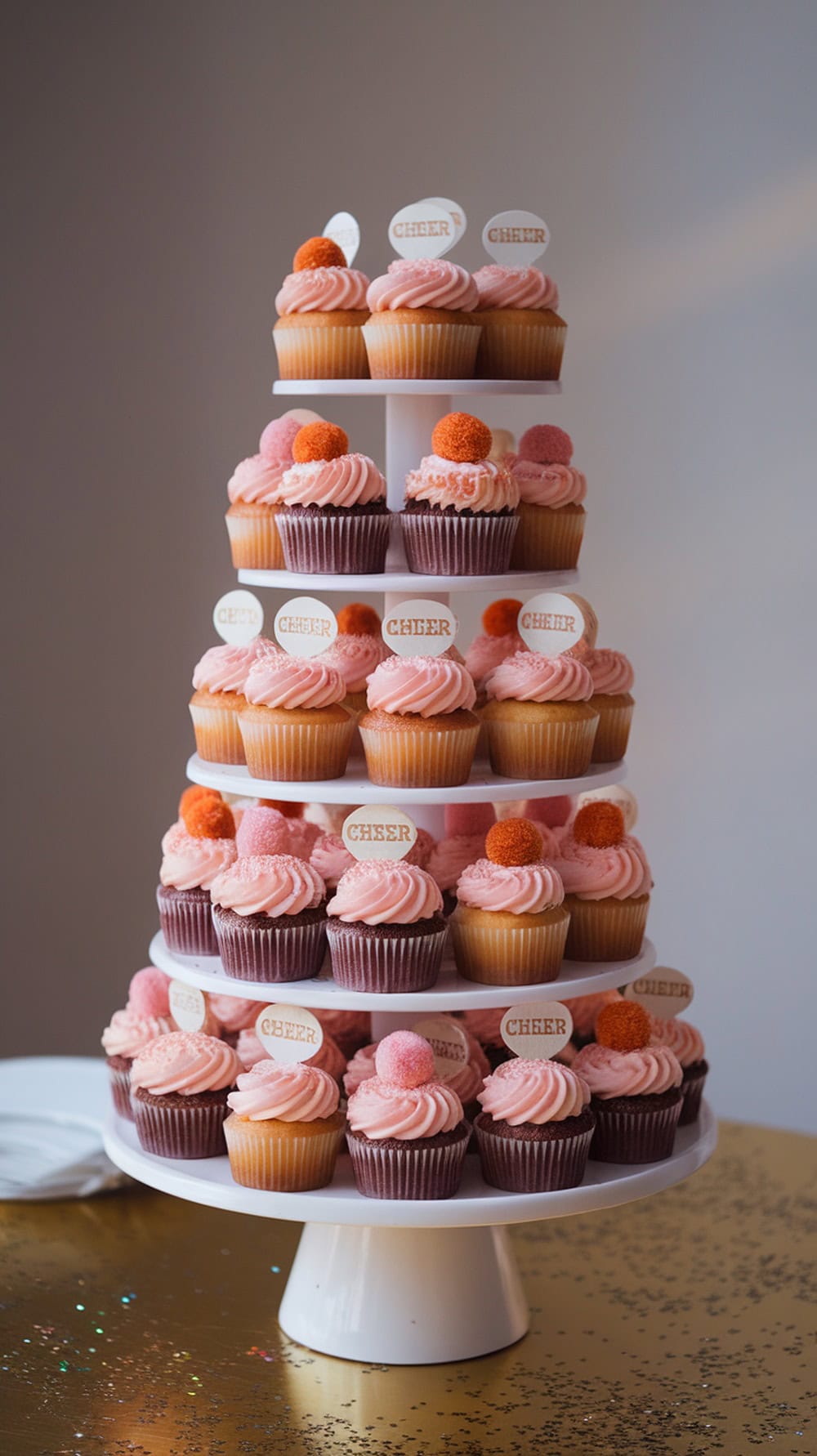 A tiered cupcake tower with pink and chocolate cupcakes, decorated with cheer-themed toppers.