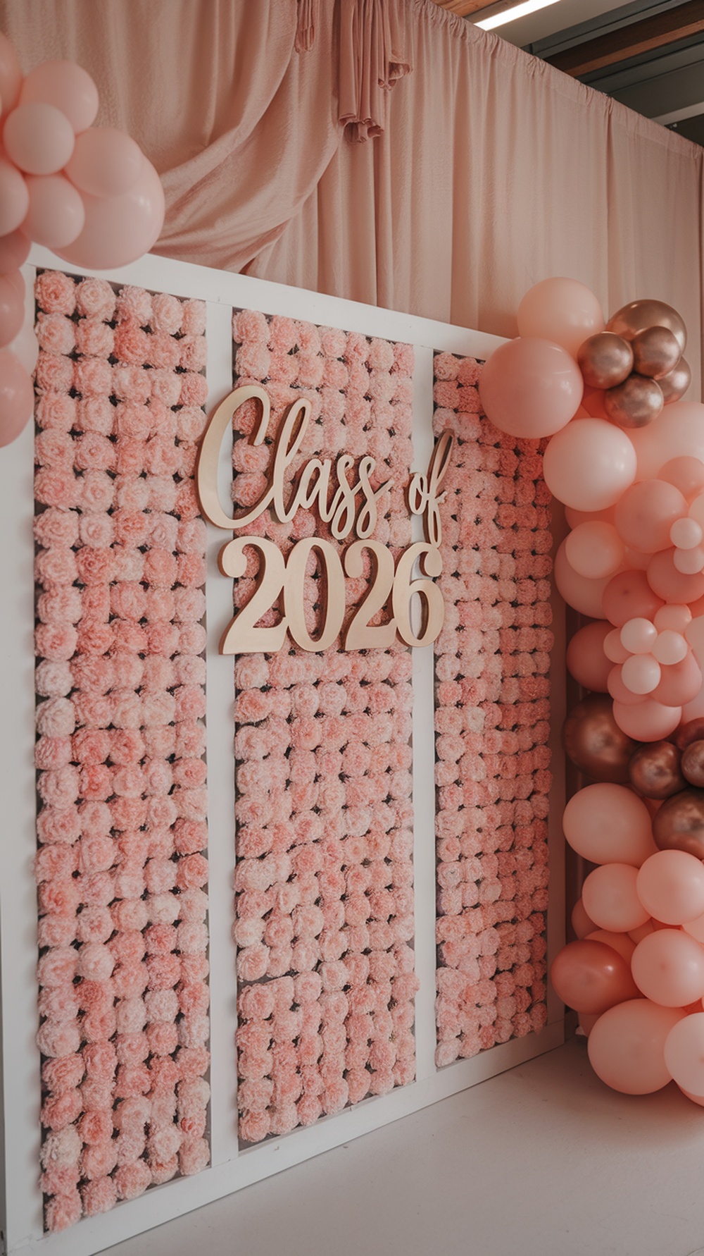 A floral backdrop with pink flowers and a wooden cutout saying 'Class of 2026', decorated with balloons.