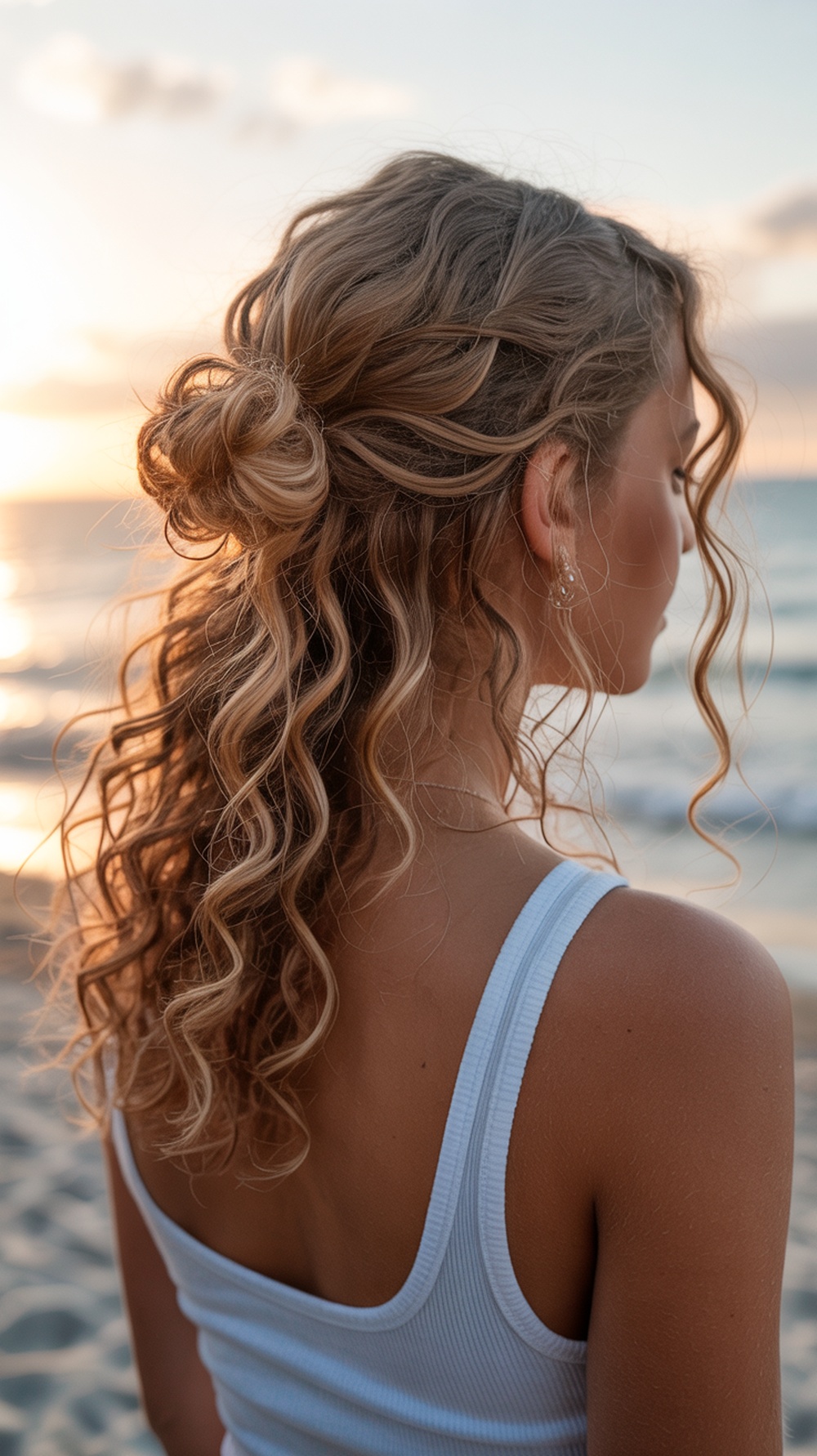 A woman with curly hair styled in a loose half up bun, with cascading curls, standing on the beach.