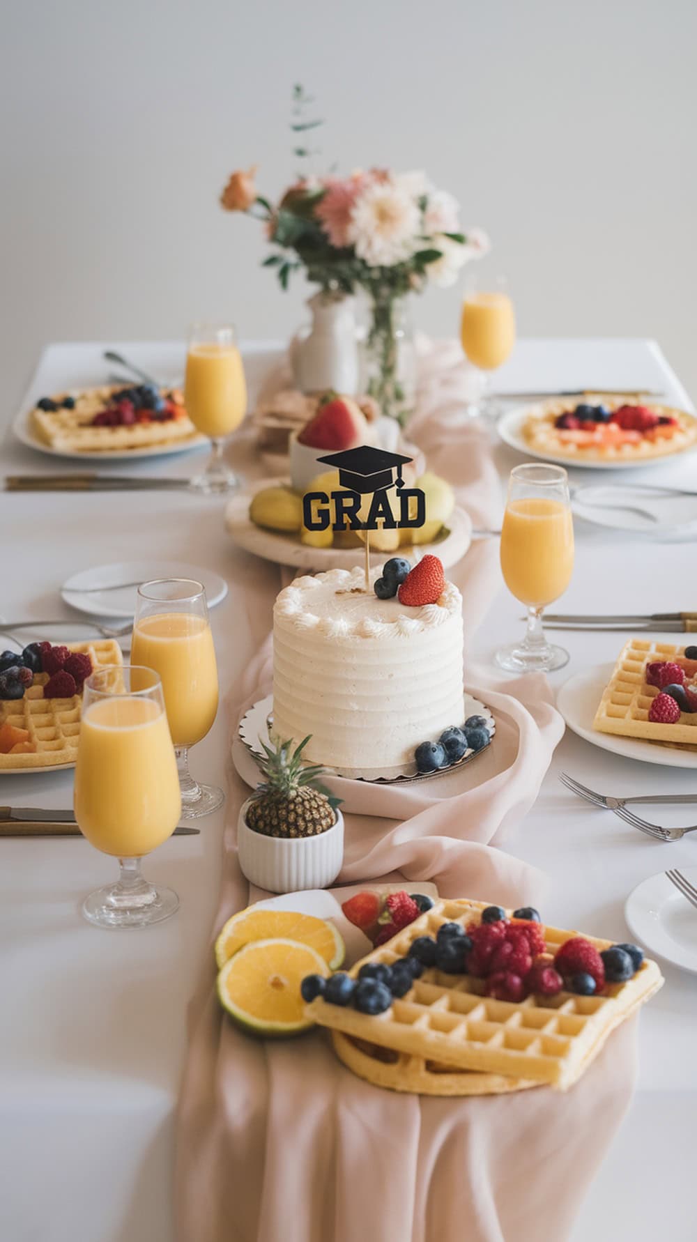 A graduation brunch table featuring a cake, waffles, fresh fruits, and orange juice.