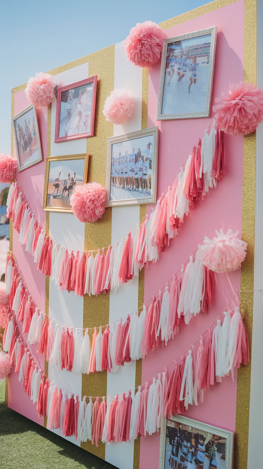A cheer uniform displayed on a colorful backdrop with tassels and framed cheerleading photos.