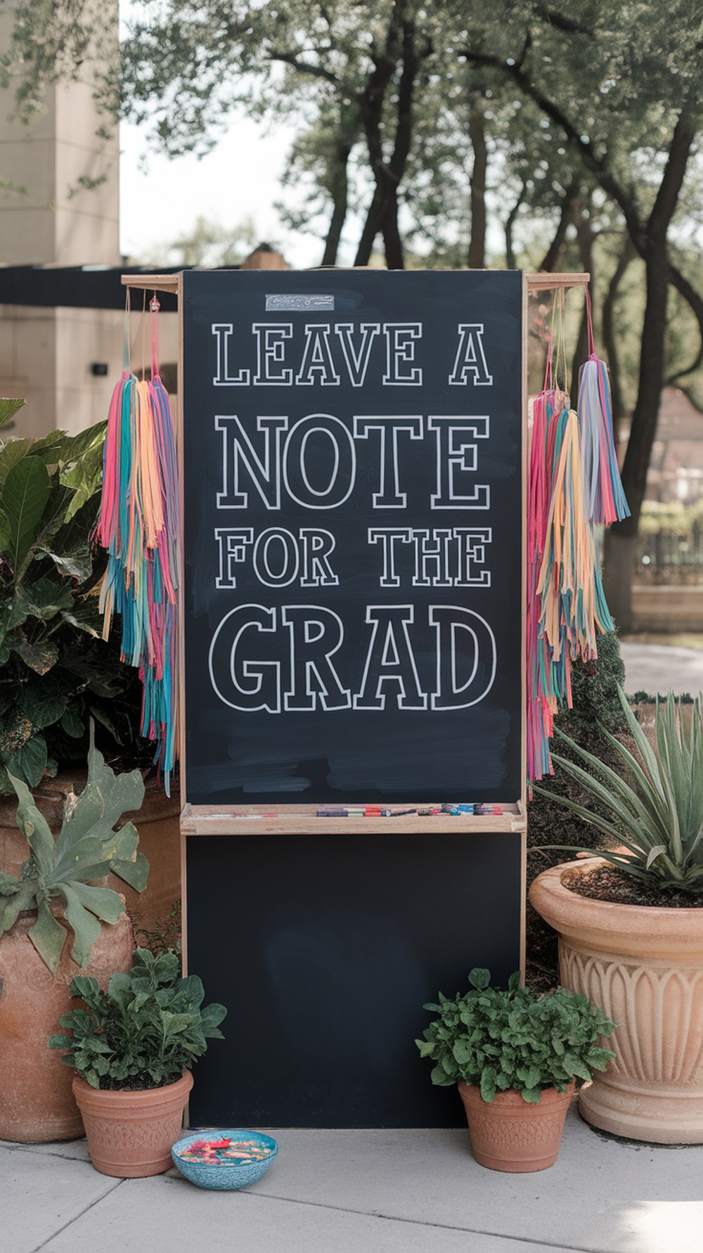 A chalkboard wall with colorful tassels inviting guests to leave notes for a graduate.