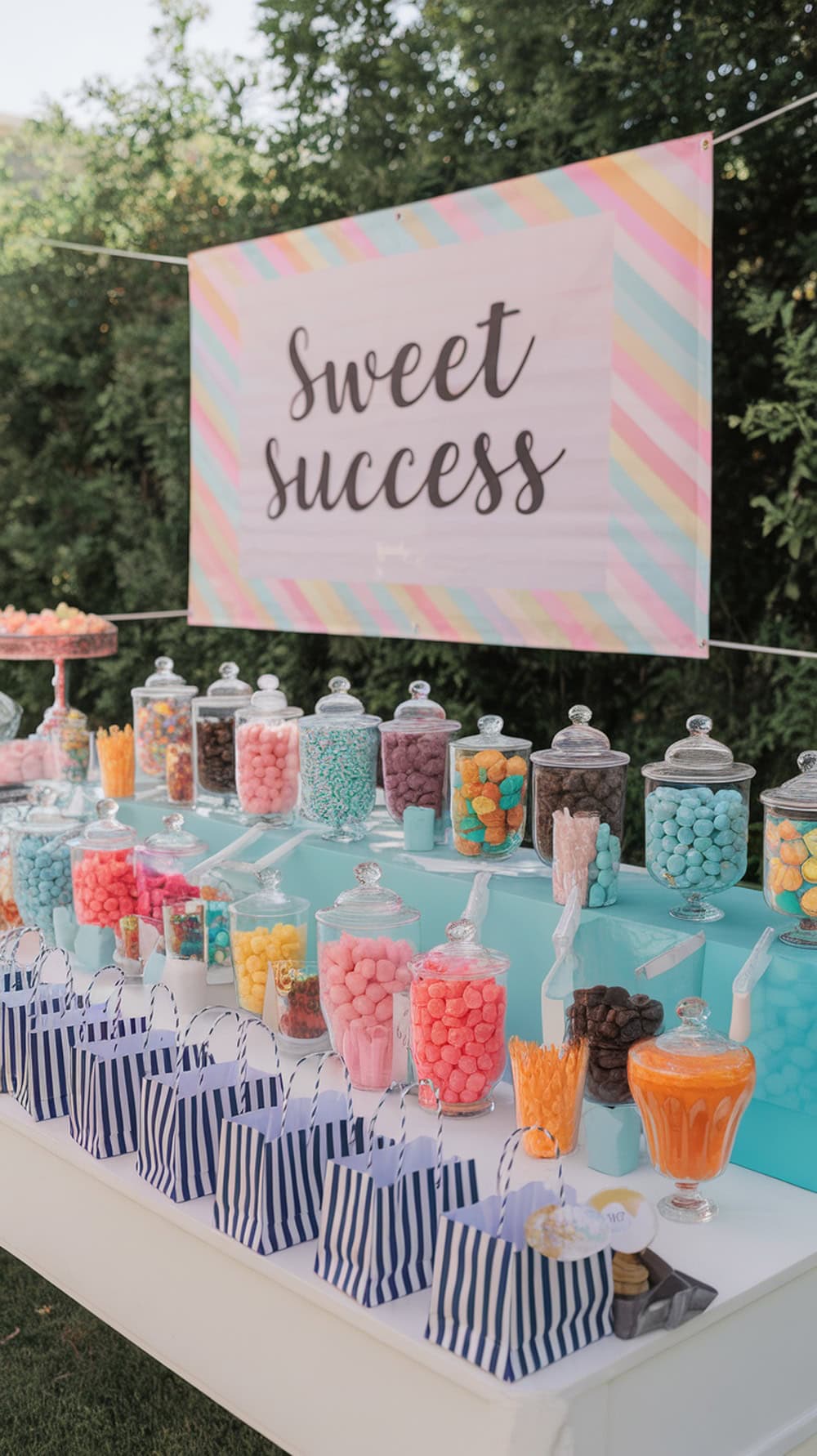 A colorful candy buffet table setup with jars of candy and a banner saying 'Sweet Success'.