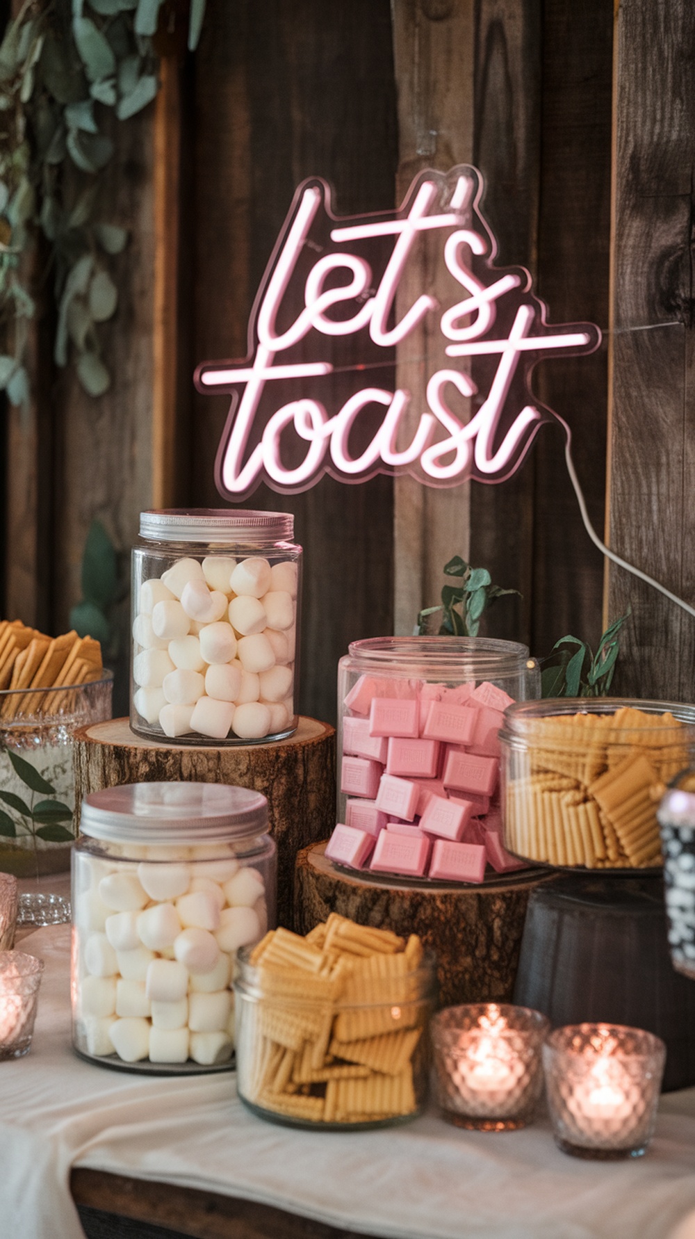 A pink and gold s'mores station with jars of marshmallows, pink chocolate, and graham crackers, featuring a neon sign that says 'let's toast.'