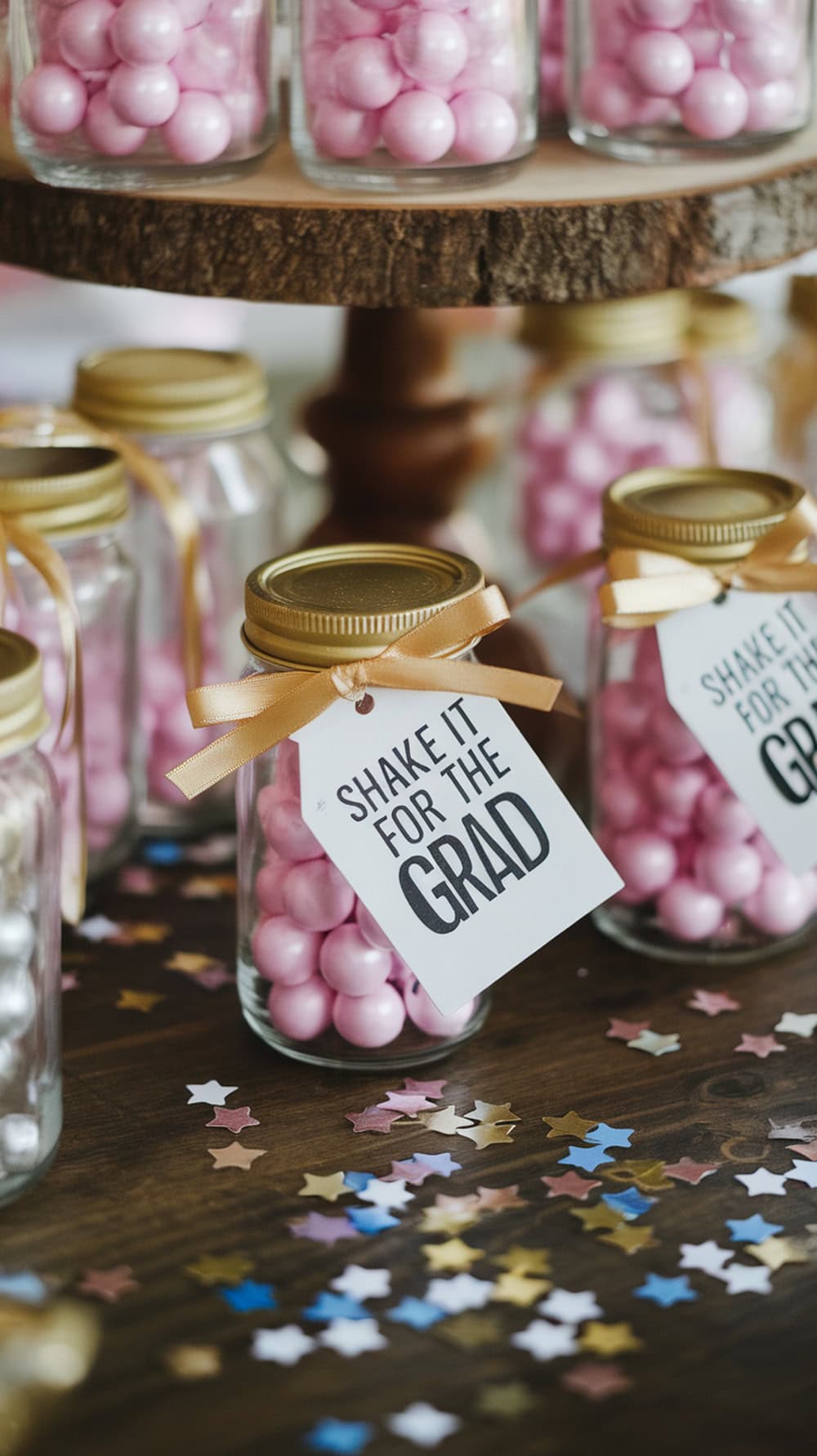 Colorful jars filled with pink sprinkles on a table, decorated with star confetti.