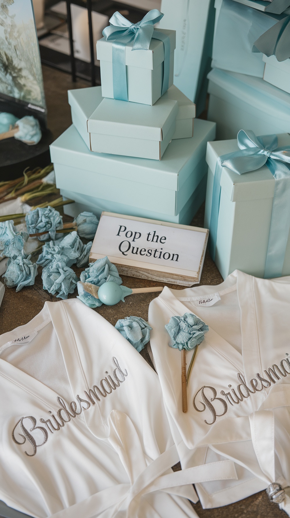 A beautifully arranged bridesmaid proposal setup featuring dusty blue gifts, flowers, and a sign.