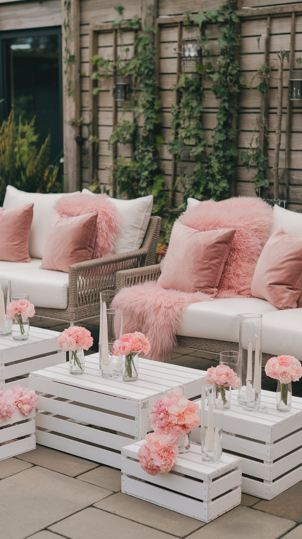 A cozy pink lounge area with pillows and flowers, perfect for a graduation party.