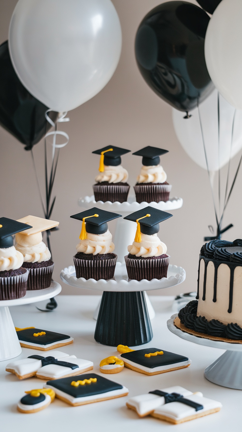 A black and white dessert bar featuring graduation-themed cupcakes, cookies, and balloons.