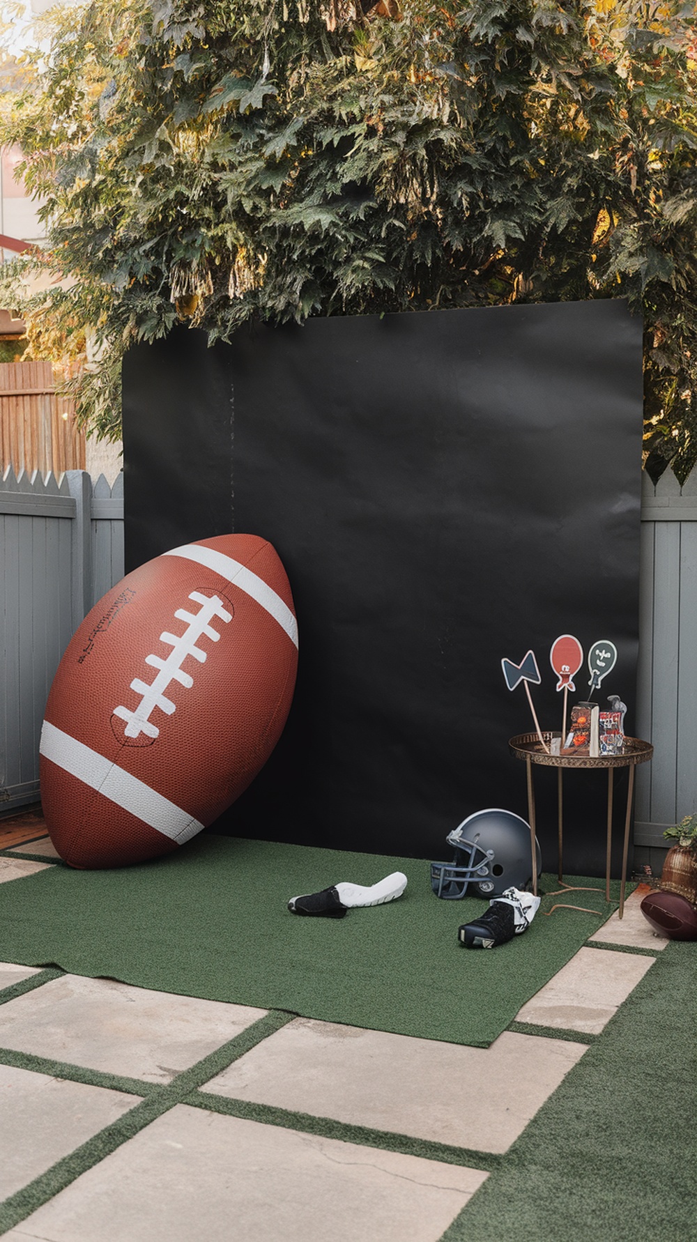 Giant inflatable football photo corner with props for a graduation party
